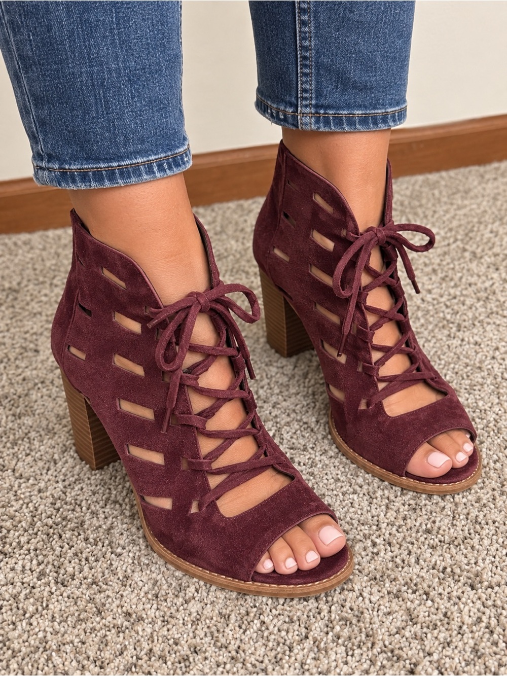 Lace-Up Peep-Toe Block Heel Booties - Burgundy